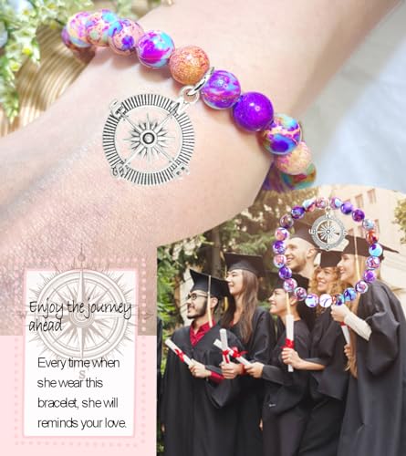 Image of 2025 Graduation Gifts for Her /Him, Natural Stone Bracelet with Compass Charm, Unisex Bracelets Comes in Gift Box with Quote Card for Classmates Friend