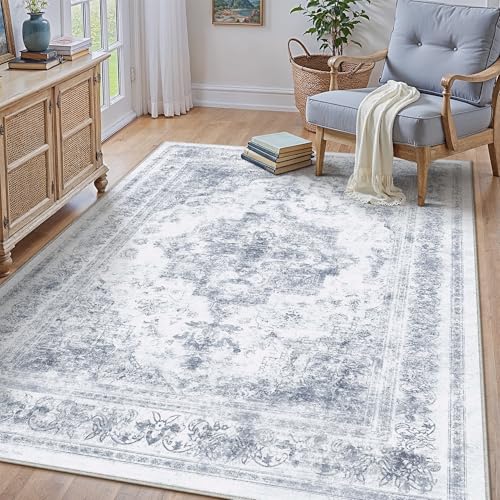Area Rug 5x7 Washable Blue Rug Vintage Boho Medallion Large Distressed Retro Carpet for Living Room Non Slip Indoor Low Pile Small Soft Bedroom Dining Room Home Office