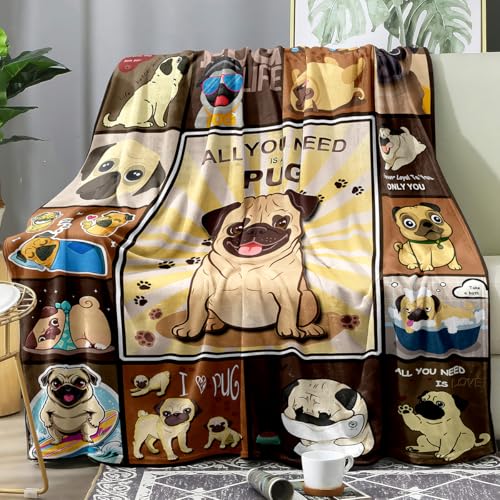 Famitile Pug Blanket Cute Puppy Fleece Blankets Super Soft Fuzzy Gifts for Pugs Lovers Plush Throw Dog Decor (Brown Pug 47 x 60)