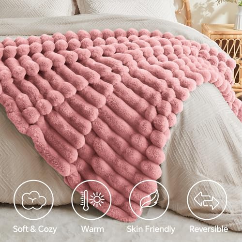 Image of BEDELITE Faux Fur Throw Blanket for Couch, 770GSM, 60 inch x 80 inch, Pink | Soft and Cozy Luxurious 3D Striped Fluffy Blanket, Warm Plush Fuzzy Faux Rabbit Fur for Women Gift, Stylish Room Decor