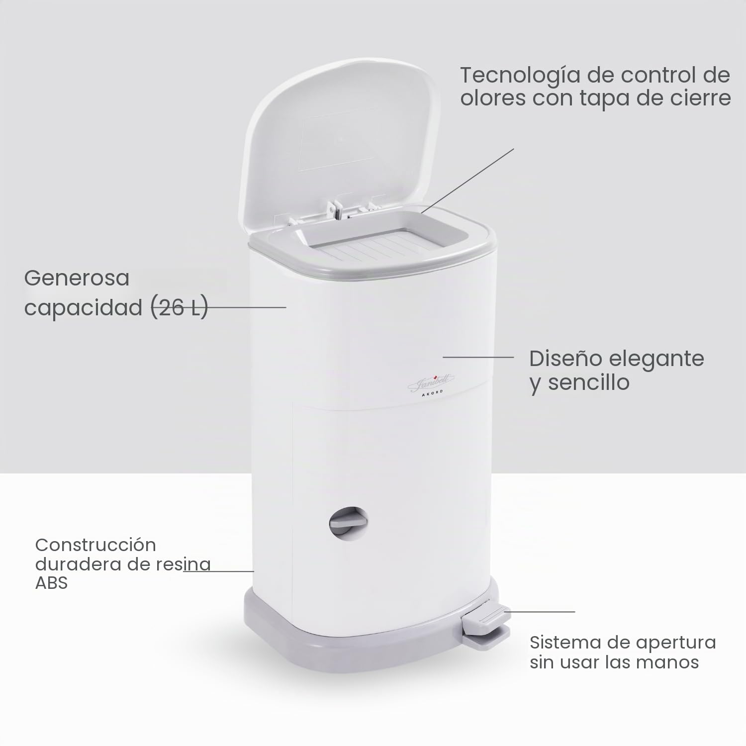 JANIBELL Akord Slim - Cubo de basura para pañales, 26 l, para adultos, sistema de eliminación de pañales discreto, eliminación de materiales para incontinencia