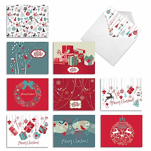 Image of The Best Card Company - 10 Blank Merry Christmas Note Cards (4 x 5.12 Inch) - Boxed Holiday Notecards with Envelopes - Red and Blue Retro Christmas M6663XSB