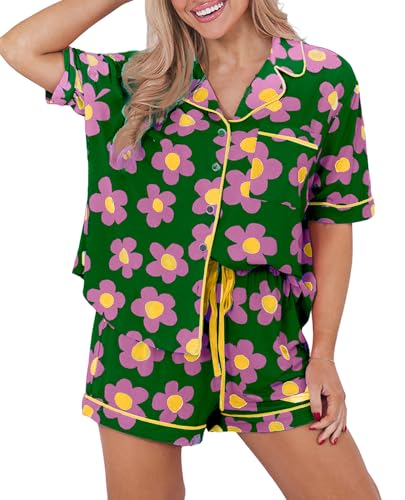 Image of KevaMolly Women Floral Notch Collar 2 Piece Holiday PJ Set | Print Short Sleeve Top, Drawstring Soft Vacation Sleep Shorts