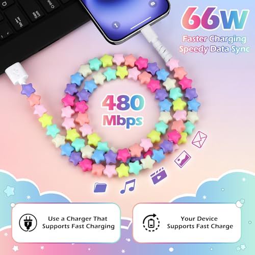 Aolcev USB C Cable for iPhone Charging Cord 3.3FT Cute Beaded USB Type C Charger Cord 66W Fast Star USB A to USB C Phone Charger Cable for iPhone 17 16 15 Pro Max Plus Galaxy S25 S24 Colorful Stars