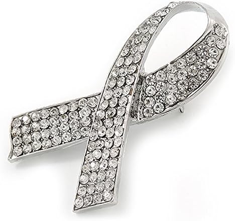 Clear Crystal Breast Cancer Awareness Ribbon Lapel Pin In Rhodium Plating - 55mm L, silver, white / ivory - Image 5
