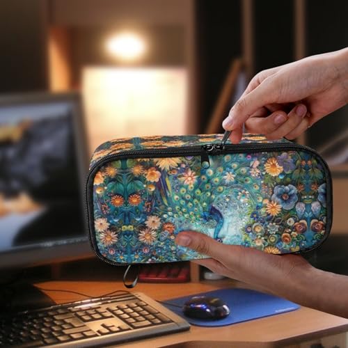Image of Girls Pencil Case Peacock Flower Pencil Pouch Large Storage,Pencil Organizer for Kids Aesthetic Pencil Bag for Children Boys Sturdy Pen Box with Protable Handle Handbag Cion Purse