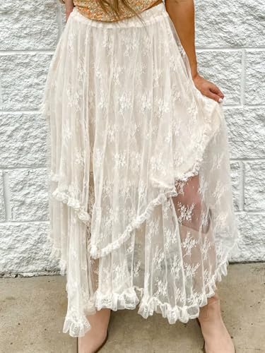 Apvirdy Women's Floral Lace Cascading Tiered High Waist Maxi Skirt Asymmetrical Summer Sheer Maxi Skirts3