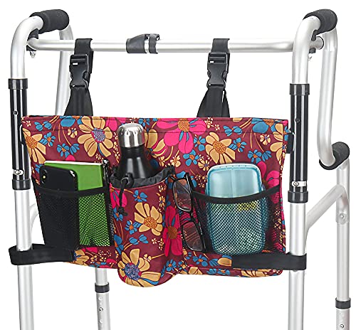 Walker Bag with Detachable Preserve Heat Compartment Water Resistant Pouch Basket Tote Walker Organizer for Folding Walker, Rollator, Wheelchairs,Bariatric Walkers (Flower)