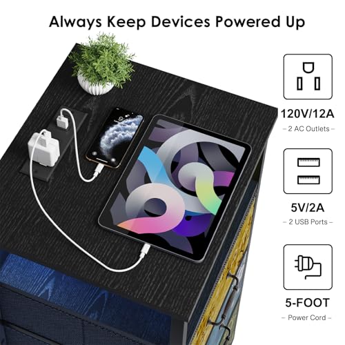 Image of Fixwal Night Stand with Charging Station, LED Nightstand with U-S-B Ports and Outlets, 3 Fabric Storage Drawers with PU Finish, Bedside Table, Vintage Flower