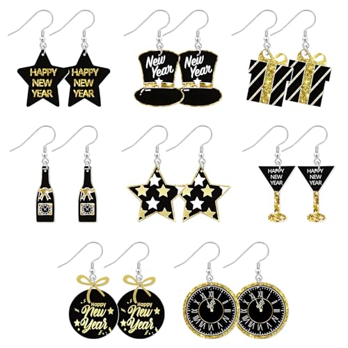 8 Pares Pendientes de Feliz Año Nuevo Para Mujer Colgantes Happy New Year con Forma de Estrella, Botella de Champán Reloj Copa de Vino Acrílico Joyería Oro moda para Navidad Fiesta de disfraces Joyas