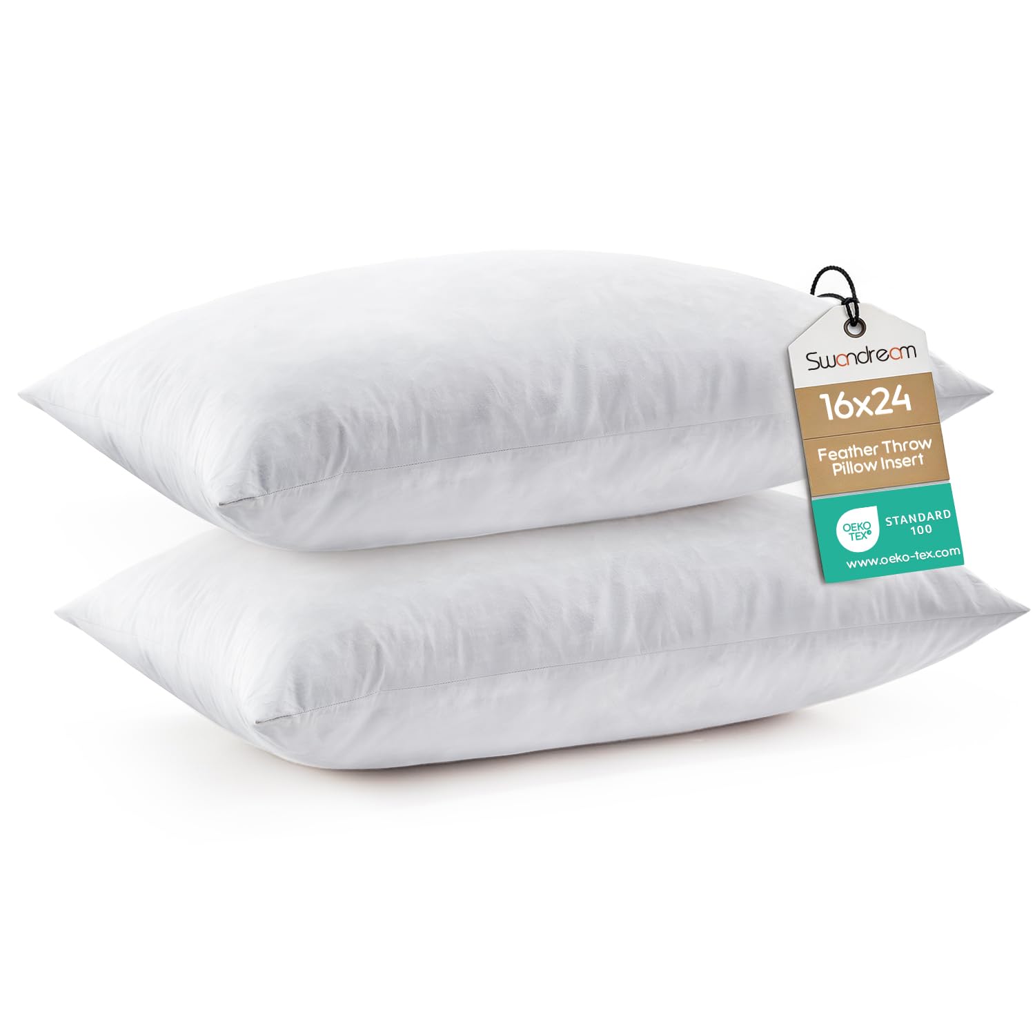 16x24 Feather Lumbar Pillow Inserts, Decorative Throw Pillow Inserts for Covers, Fuller Fit with Soft Support for Bed and Couch, Set of 2
