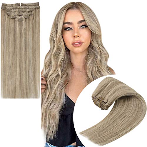 VeSunny Clip in Hair Extensions Blonde,14inch Short Clip in Human Hair Extensions Dark Ash Blonde Highlight with Golden Blonde,Clip in Extensions Real Hair Blonde Double Weft 100g 7pcs