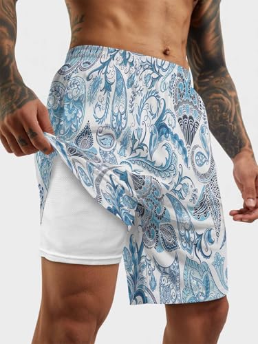 Mens Swim Trunks with Compression Liner,Traditional Paisley Floral Men's Inseam Board Shorts Quick Dry Bathing Suit for Men2