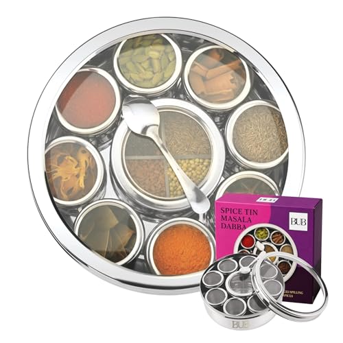 Bub Premium Spice Tin Masala Dabba 22.5cm | 9 Lidded Pots