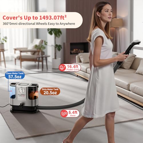 Image of UltraHeat Upholstery Carpet Cleaner, MUJERBAY 12Kpa Hot Mode Portable Spot and Stain Shampooer, Easy Move with 360Wheels & Handle, 1.18-inch Deep Cleaning Machine for Couch, Stairs, Car & Pet Messes
