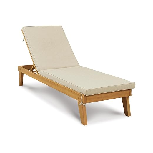 Signature Design by Ashley Outdoor Byron Bay Eucalyptus Patio Chaise Lounge, Light Brown