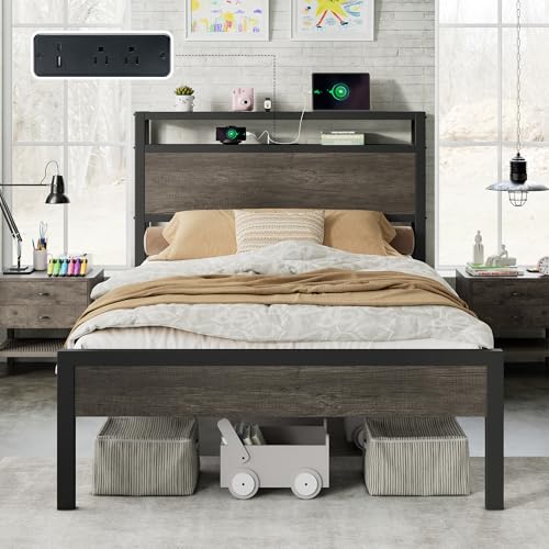 Image of AMERLIFE Twin Size Bed Frame with Storage Headboard & Charging Station, Industrial Metal Platform Bed with Large Under-Bed Storage, Heavy Duty Slats, No Box Spring Needed, Rustic Grey