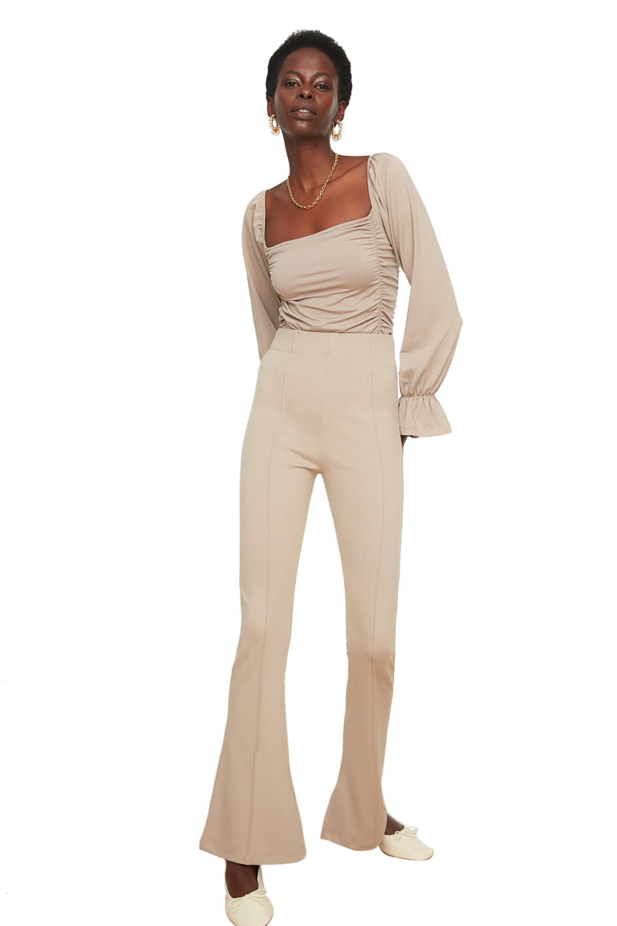 Trendyol Woman High Waist Flare Leg Slim fit Trousers Stone