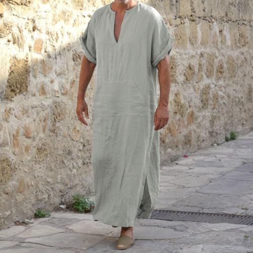 Throbe Islam for Men Muslim Eid Kaftan Short Sleeve V Neck Cotton Robe Plus Size Arabic Middle Eastern Dubai Thobe2