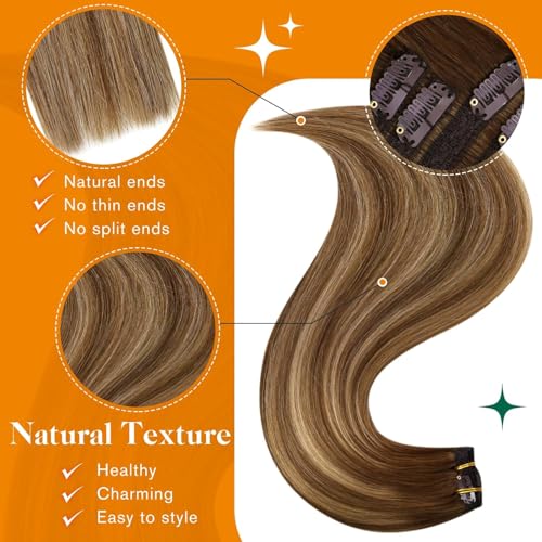Easyouth Clip in Extensions Real Human Hair Brown Ombre Clip in Human Hair Extension Balayage Brown to Blonde Real Hair Clip in Extensions Long for Women 22 Inch 70g 5Pcs #4/27/4 - Image 4