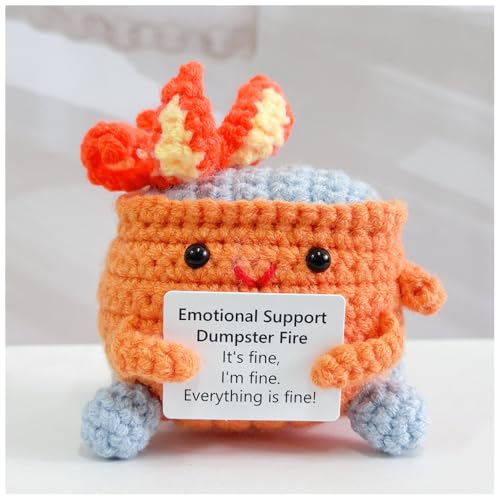 Image of RovyFota Emotional Support Crochet Dumpster Fire with Positive Card Cute Room Decor Knitted Toys Funny Crochet Support Buddies Gifts for Friends (Orange)