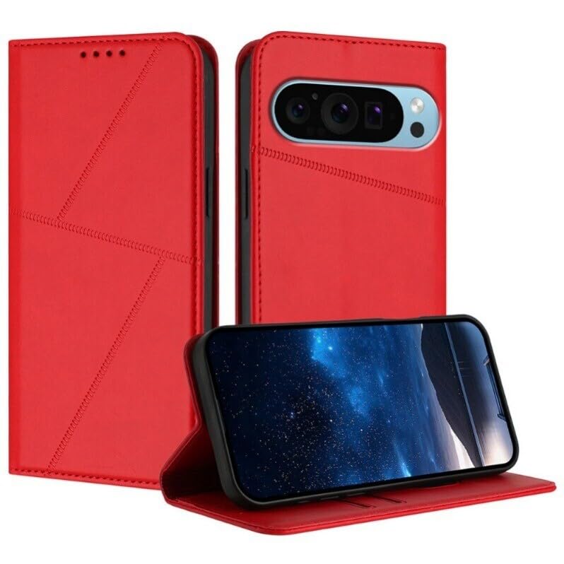 Étui portefeuille Google Pixel 9 rouge magnétique en cuir avec support intégré