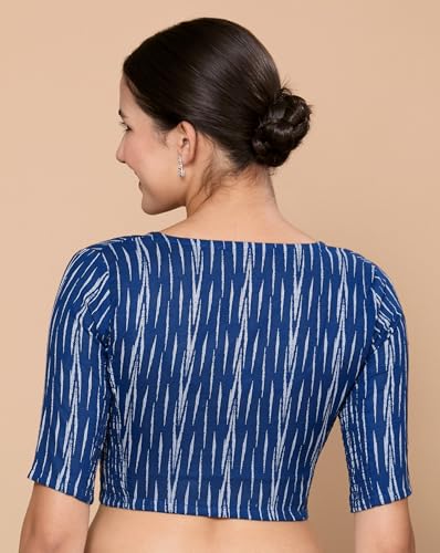 Image of Studio Shringaar Women's Cotton Half Sleeves Ikat Stretchable (Smocked) Readymade Saree Blouse