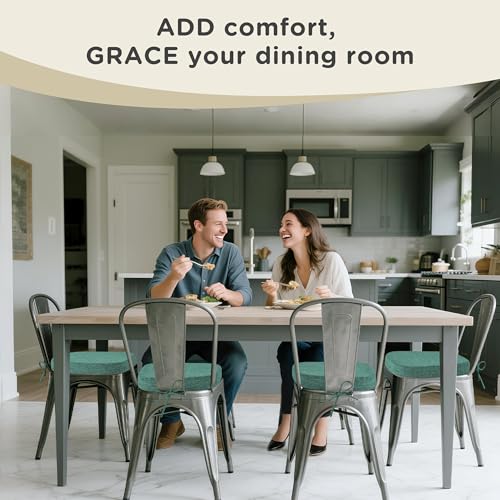 Image of AddGrace Set of 6 Chair Cushions for Metal Dining Chairs 14x14 Green | Non Slip,Washable Removable Cover with Ties, Textured, for Kitchen Dining Room Indoor, Hard Wooden Chairs, Family Gathering