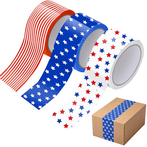 Marspark 3 Rolls 4th of July Duct Tape 50 Yard x 2 Inch, Red White and Blue Decorative Printed Patriotic Packaging Wrapping Tape for Independence Day DIY Crafts Scrapbooking Crafting Boxes Decorations