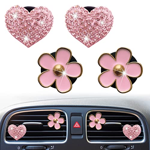 Bling Heart & Daisy Air Vent Clips, 4 Pcs Pink Heart & Flower Car Air Fresheners Vent Clips Diffuser Vent Clip Rhinestone Diamond Decoration Car Interior Decor Cute Accessories for Women