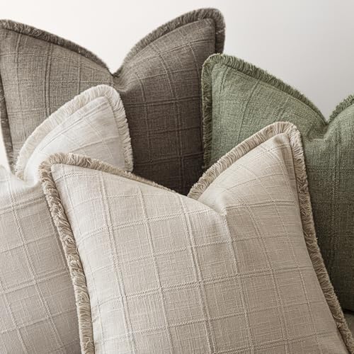Image of Foindtower Set of 2 Decorative Linen Check Fringe Throw Pillow Covers Farmhouse Vintage Cushion Covers Modern Boho Home Decor for Sofa Chair Couch Bedroom Living Room,20x20 Inch,Sage Green