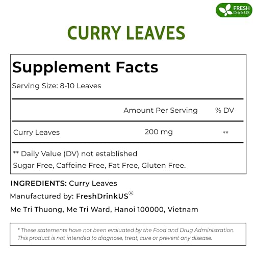 FreshDrinkUS, Premium 0.9oz Curry Leaves, Whole Dried Leaves, 100% Natural, Pure Curry Leaves, Hand-made, Wildcrafted, Indian Spice for Cooking, Curry Leaf Dried, No Additives, No Gluten, Vegan
