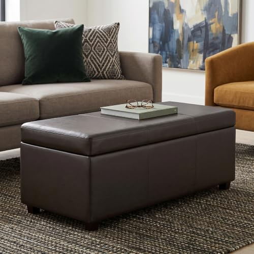 Image of SIMPLIHOME Avalon 44 inch Wide Vegan Leather Storage Ottoman in Tanners Brown