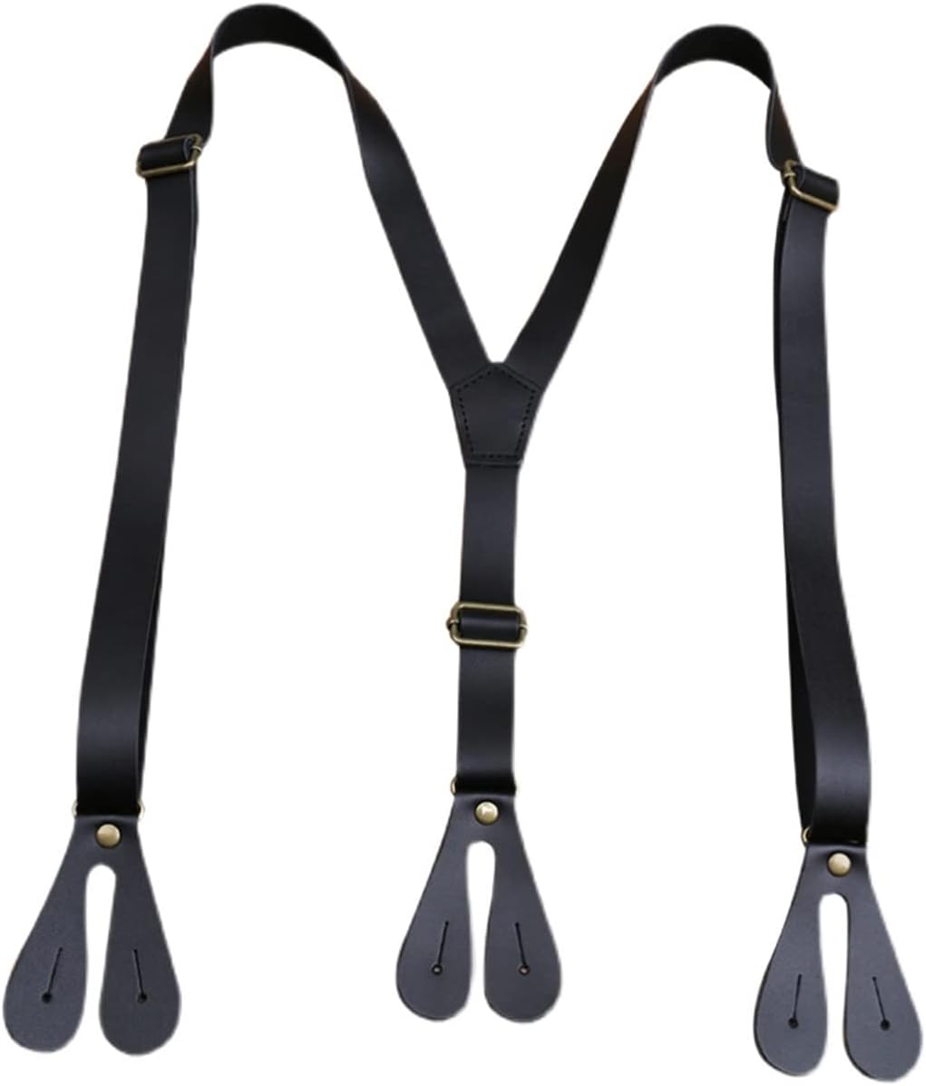 Suspenders Leather Suspenders for Men Button End Mens Braces Adjustable Y-Back(Deep Brown)
