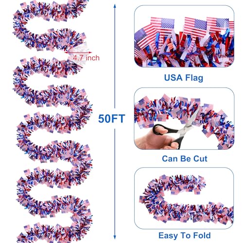 Image of 50FT 4th of July Decorations Red White Blue American Flag Tinsel Garland, Metallic Patriotic Garland for Fourth of July Independence Day Memorial Day Decor Outdoor Indoor Home Party Decor Supplies