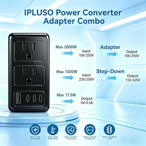 Image of 220V to 110V Voltage Converter US to Europe for Hair Dryer, Upgrade 2000W Power Converter for European Travel with Type C A G I, International Universal Travel Adapter with 1 USB A & 3 Type C (Black)