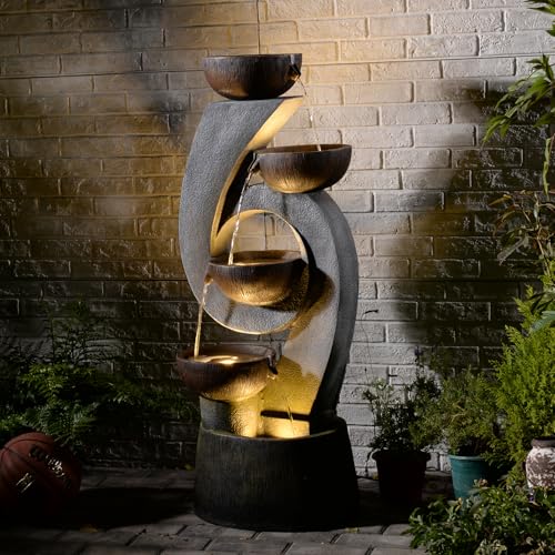 Sunlinua 46.8''H Outdoor Water Fountains - 5-Tiered Garden Fountains Outdoor for Patio, Yard, Balcony, Porch, Modern Resin Waterfall Feature for Outside with Light, Cascading Bowl Water Feature Gray