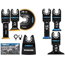 FRITZFURT 7PCS Oscillating Tool Blade Set – CRV Japanese Tooth, Titanium Bi-Metal & Scraper Blades, Extra Long/Extra Wide/Half Circle for Deep Cuts, Flush Trim & Adhesive Removal, 2 Adapters Included