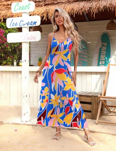 Image of Zeagoo Womens Summer Maxi Dress Spaghetti Strap Casual Printed Dress Boho Floral Beach Sundress,