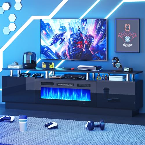 MXV 80' Fireplace TV Stand, Modern Entertainment Center & 36 Inch Electric Fireplace, Remote Control, LED Light, Fire Place Tv Stand for Living Room for TVs up to 90', Black + Black