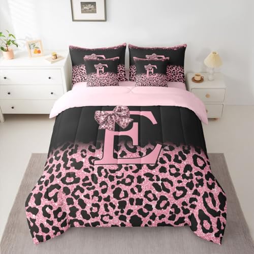 Image of Feelyou Pink Leopard Bow Full Comforter Set with Sheets for Kids Boys Girls Initial Letter E 7 Pieces Bedding Set Girly Bowknot Bed in a Bag Room Decor Soft Lightweight Microfiber