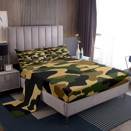 jejeloiu Camouflage Sheets with Deep Pocket Fitted for Girls Boys Kids Twin Size Camo Pattern Bed Cover Room Military Amry Decor Sheet Set Green Brown 3Pcs Soft Lightweight Microfiber