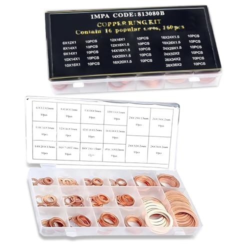 Image of 200 PCS Car Flat Gasket Classification Kit, Oil Pan Plug Sealing Gaskets, M5 M6 M8 M10 M12 M14 Copper Metric Washers, Universal Accessories for Most Car (Gold), SEPDP2400GO-200PCS