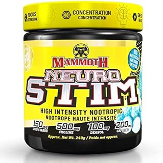 Mammoth NeuroStim 60 Serve, Caffeine & Nootropic Brain Supplement Formula, Energy & Focus, Mental & Physical Boost, Increased Cognition, Lion’s Mane Mushroom, Clear Raspberry