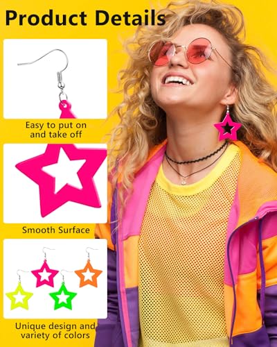 4 Pairs 80s Neon Earrings for Women Star Circular Oval Jewelry Retro Neon Dangle Earring for 80S Costume Dancing Party Accessory4