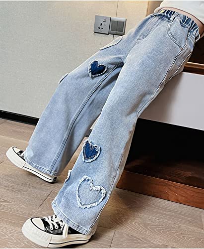 Girls' Casual Wide Leg Jeans Heart Print Elastic Waist Baggy Jeans Kids Cute Regular Fit Denim Pants with Pockets4