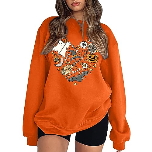 Generisch 2025 Halloween Pullover Damen-Sweatshirt mit Halloween-Aufdruck, lockerer Rundhalsausschnitt, Lange Ärmel, lässiges Basic-Pullover ohne...