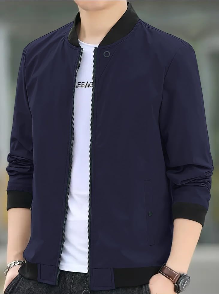 Image of Celary Men's Bomber Jacket | Fancy Collar|| Lightweight Casual Zip-Up Jacket | Stylish Slim Fit Outerwear for All Seasons | Polyester, Standard Length