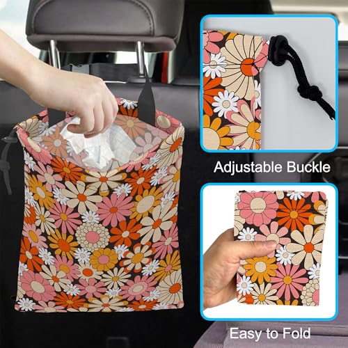 Image of Car Trash Bag Vintage Groovy Flowers Car Garbage Bag Hanging Car Trash Can