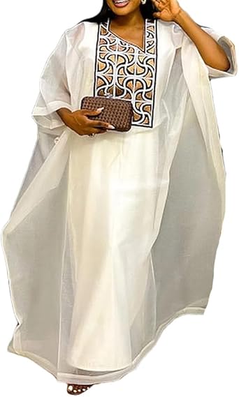 Vsadsau African Attire for Women Batwing Sleeve White Abaya Embroidery Party Church Dress with Scarf